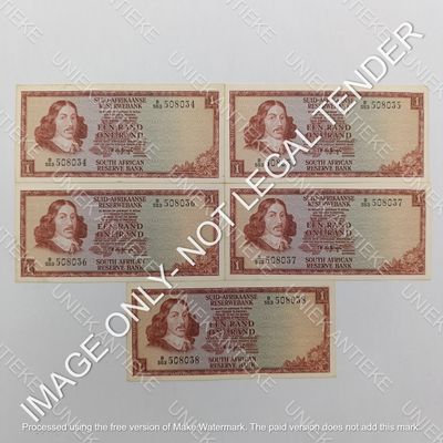 TW de Jongh 3rd issue - Lot of 5 uncirculated R1 banknotes with consecutive numbers