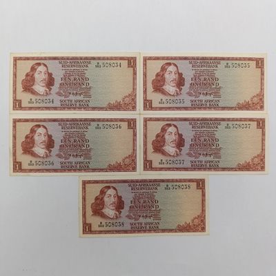 TW de Jongh 3rd issue - Lot of 5 uncirculated R1 banknotes with consecutive numbers