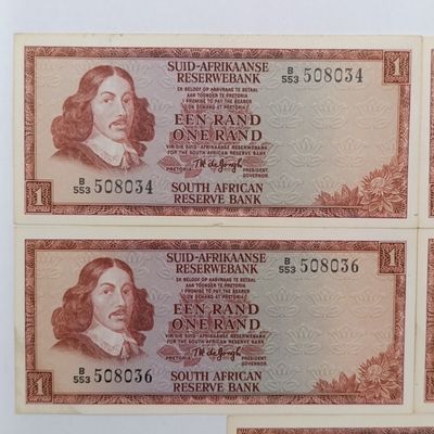 TW de Jongh 3rd issue - Lot of 5 uncirculated R1 banknotes with consecutive numbers