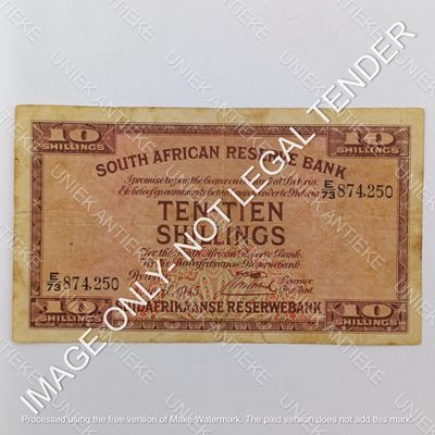 South Africa J Postmus 1945 Ten Shillings banknote - small bottom tear - still a nice note