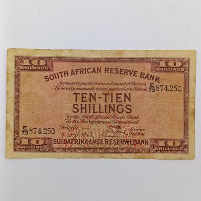 South Africa J Postmus 1945 Ten Shillings banknote - small bottom tear - still a nice note