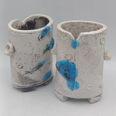 Troika-style art pottery pair - Nina Vierzon Crackle glaze brutalist type