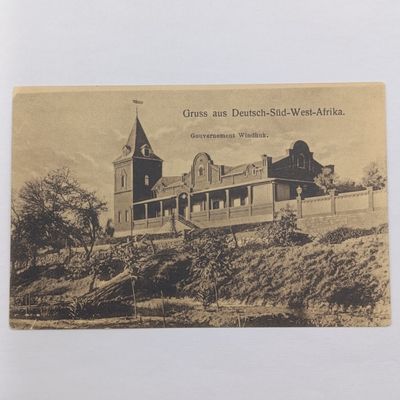 South West African Friedrich Lange postcard - Local post Okahandja with 1d SWA stamp - picture of Government building, Windhoek