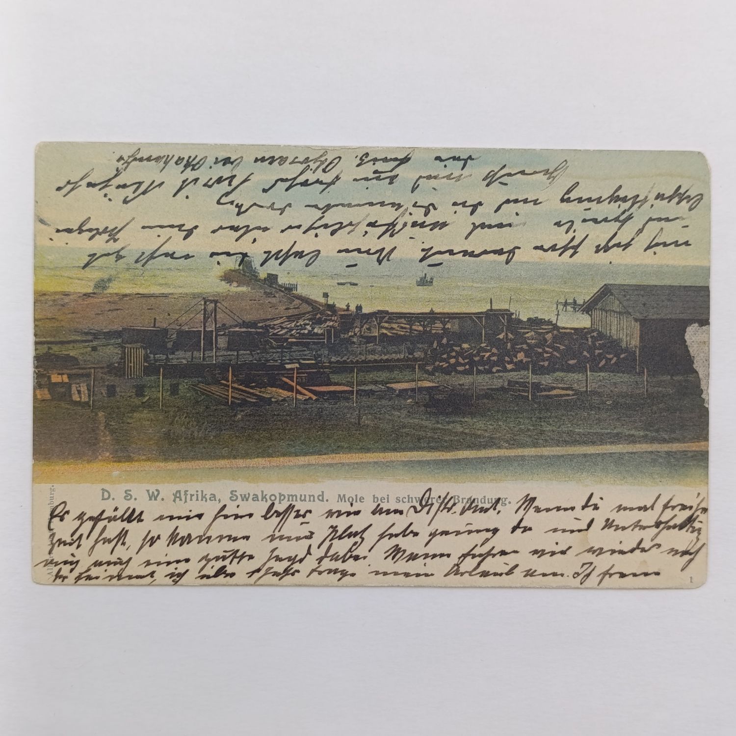 German South West African postcard with 5 Pfennig Colonial Stamp - Picture of Swakopmund Mole - 1909