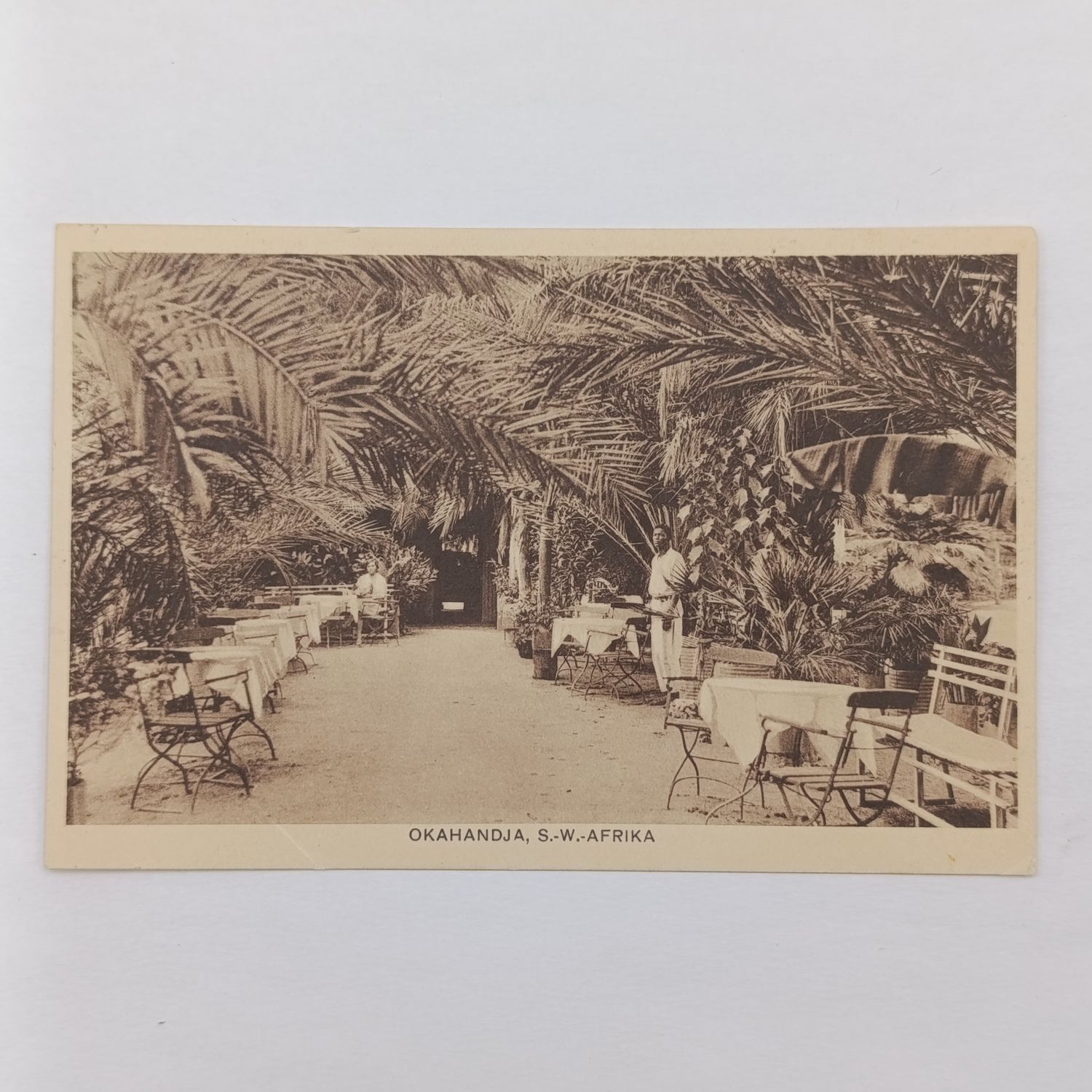 1936 South West African postcard Okahandja to Swakopmund - photo of function garden in Okahandja mentioning Erno Matheis and the Planitzer children