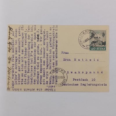 1936 South West African postcard Okahandja to Swakopmund - photo of function garden in Okahandja mentioning Erno Matheis and the Planitzer children