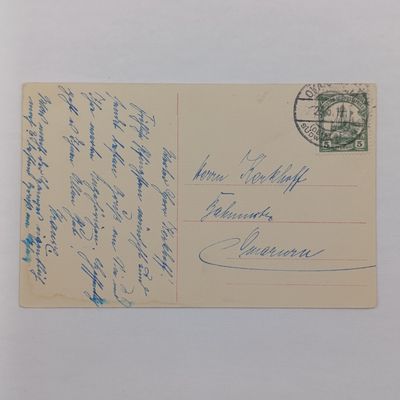 1912 German South West African postcard Okahandja to Omaruru with 5 pfennig imperial Yacht stamp - Photo of Omaruru with descriptions on other side