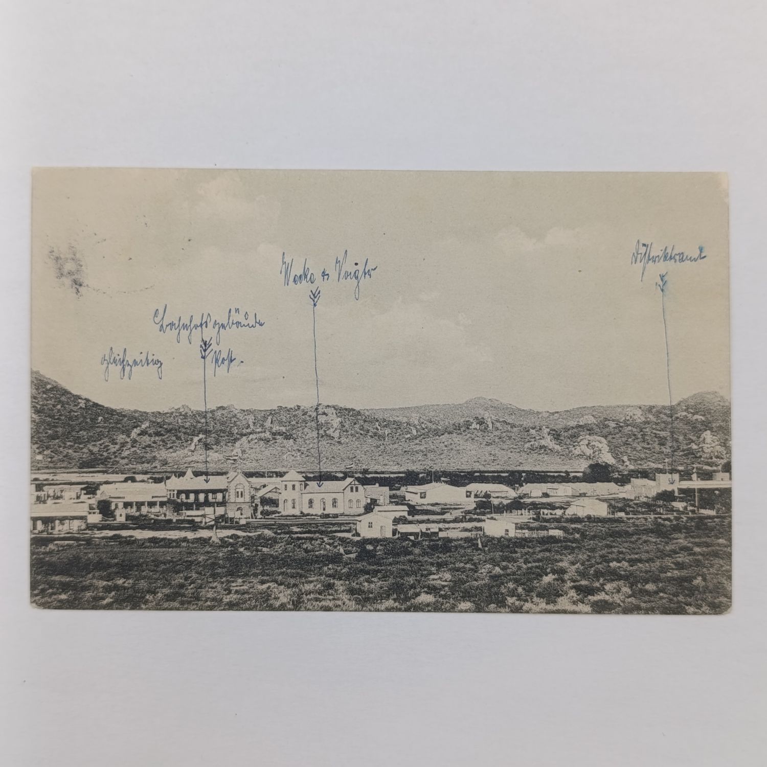 1912 German South West African postcard Okahandja to Omaruru with 5 pfennig imperial Yacht stamp - Photo of Omaruru with descriptions on other side