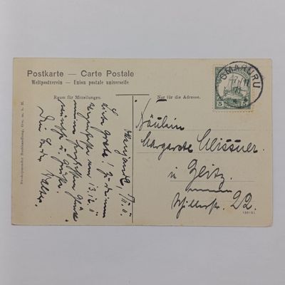 1911 German South West African postcard with 5 Pfennig Yacht stamp posted Omaruru to Zeite, Germany - Picture of Schutztruppe base Okanjande, near Waterberg - 10th Company