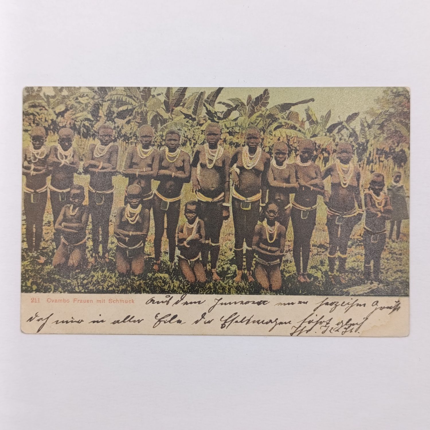 Postcard sent 18-5-1908 from South West Africa to Hannover, Germany with 5 Pfennig Kaiser Yacht stamp and Photo of Ovambo women and Children