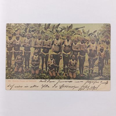 Postcard sent 18-5-1908 from South West Africa to Hannover, Germany with 5 Pfennig Kaiser Yacht stamp and Photo of Ovambo women and Children