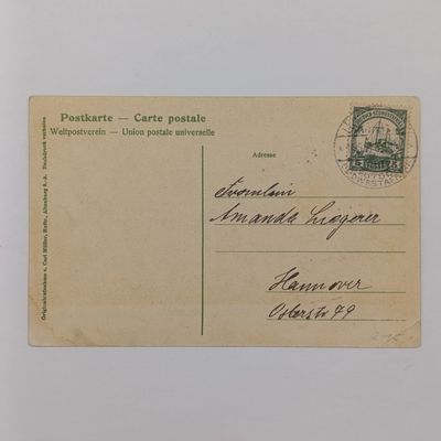 Postcard sent 18-5-1908 from South West Africa to Hannover, Germany with 5 Pfennig Kaiser Yacht stamp and Photo of Ovambo women and Children