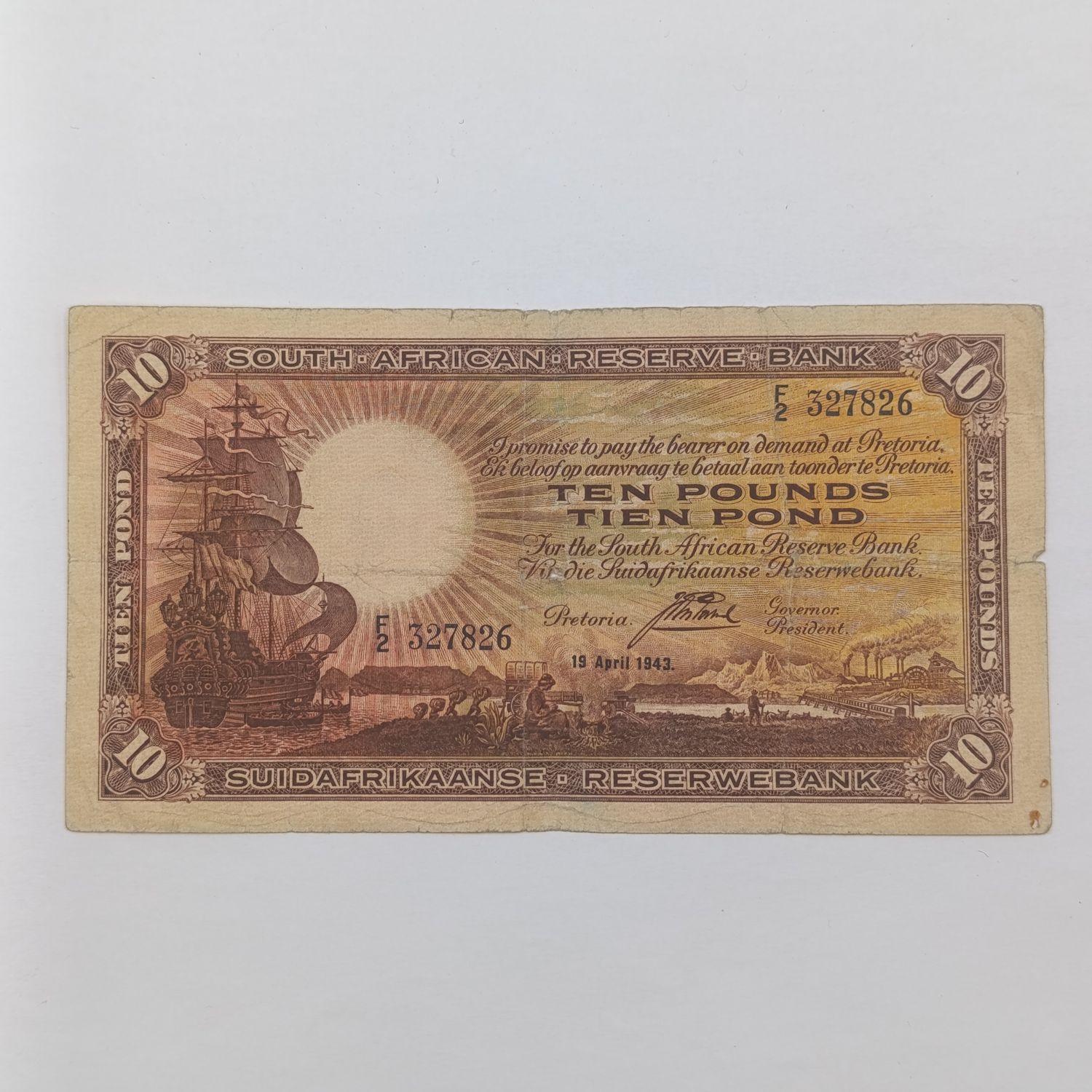 South African J Postmus 1943 10 Pounds banknote - pin holes in the center