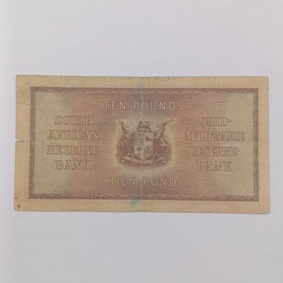 South African J Postmus 1943 10 Pounds banknote - pin holes in the center