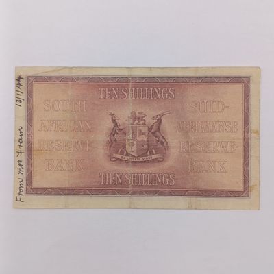 South African J Postmus 1941 Ten Shillings banknote - Graffiti