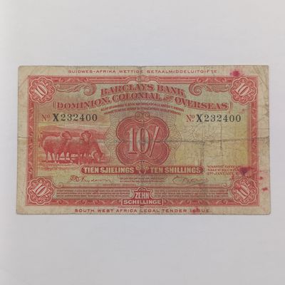 South West African Barclays bank - X Serial No. - ten Shillings Banknote
