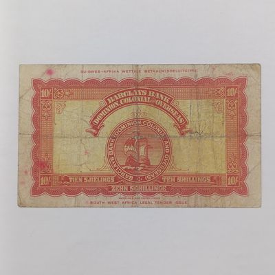 South West African Barclays bank - X Serial No. - ten Shillings Banknote