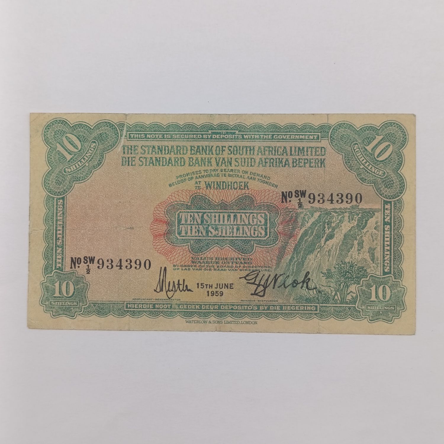 South West African Standard Bank 10 Shilling banknote - 15 June 1959 - tear at top