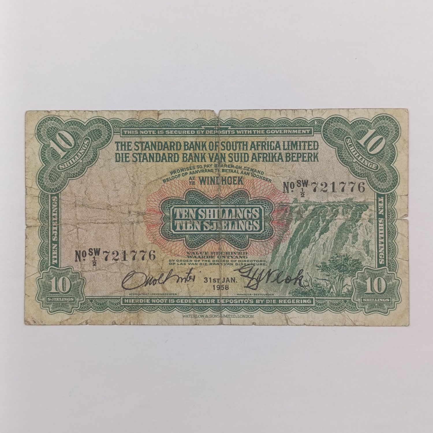 South West African Standard Bank 10 Shillings Banknote - 31st Jan 1958