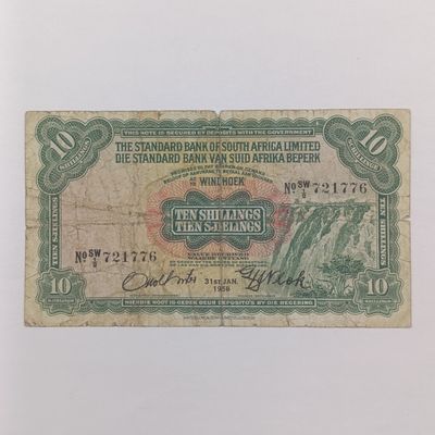 South West African Standard Bank 10 Shillings Banknote - 31st Jan 1958