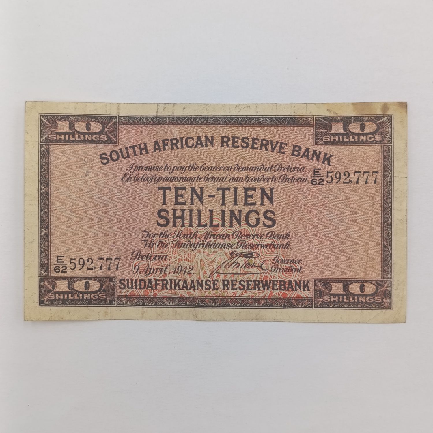 South African J Postmus 1942 Ten Shilling only-issue banknote - dark brown - not rust