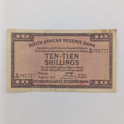 South African J Postmus 1942 Ten Shilling only-issue banknote - dark brown - not rust