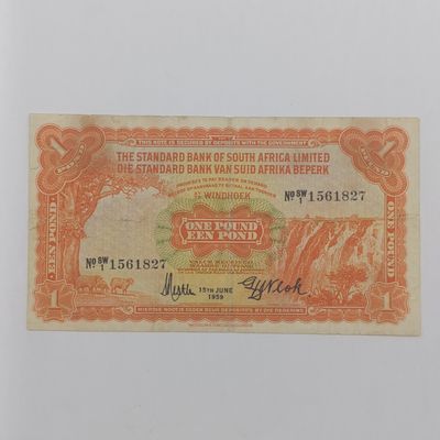 South West Africa Standard Bank 1 Pound 1959 banknote - small center hole and some rim tears
