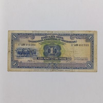 South West Africa Barclays Bank one Pound banknote - 2 Jan 1951