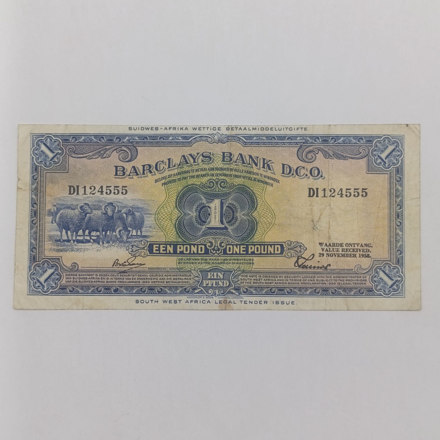 South West Africa Barclays Bank 1 Pound - 29 Nov 1958