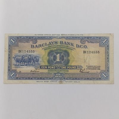 South West Africa Barclays Bank 1 Pound - 29 Nov 1958