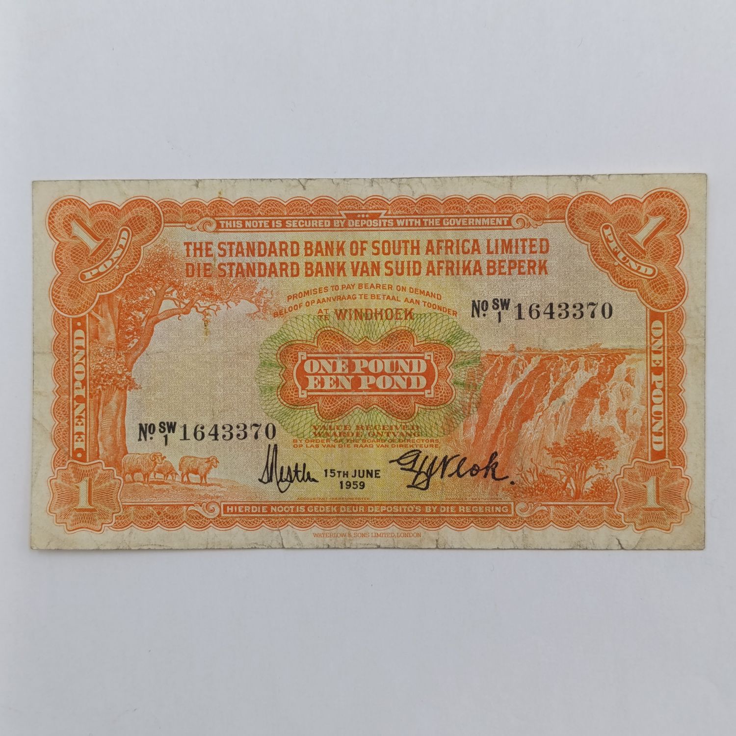 South West Africa Standard Bank 1 Pound 1959 banknote - some rim damage