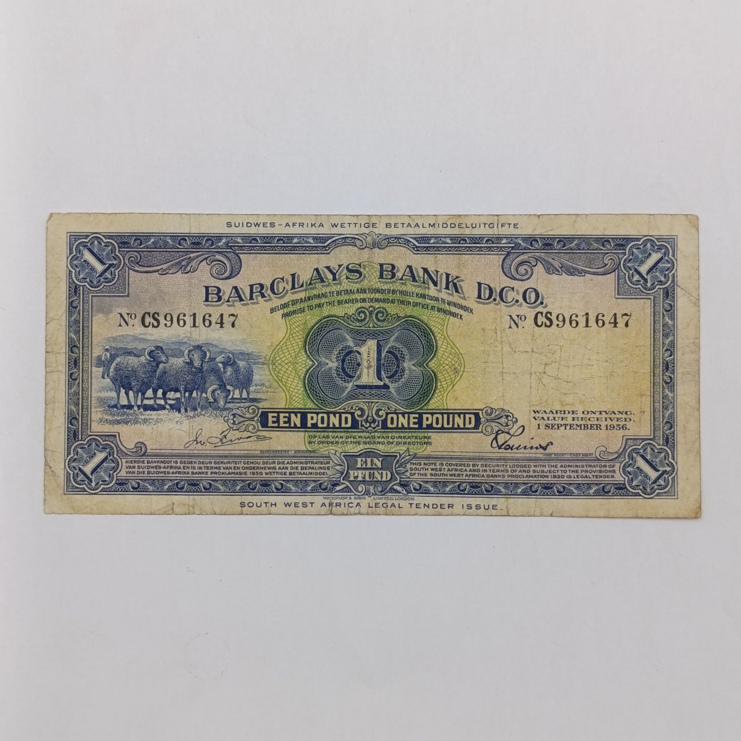 South West Africa Barclays Bank one pound banknote - 1 Sept 1956