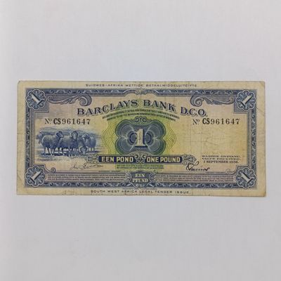 South West Africa Barclays Bank one pound banknote - 1 Sept 1956