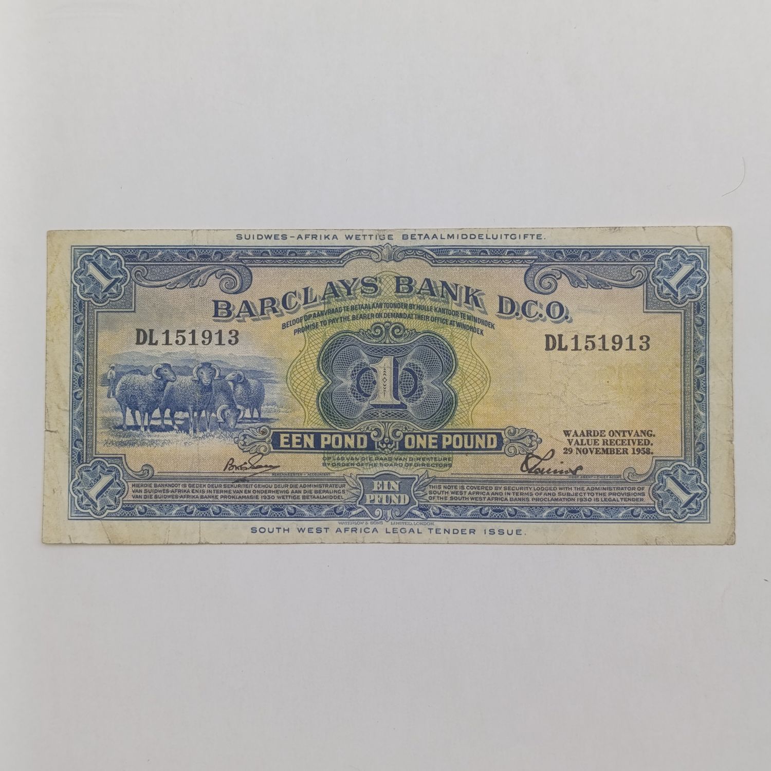 South West Africa Barclays Bank 1 Pound - 29 Nov 1958