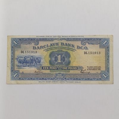 South West Africa Barclays Bank 1 Pound - 29 Nov 1958