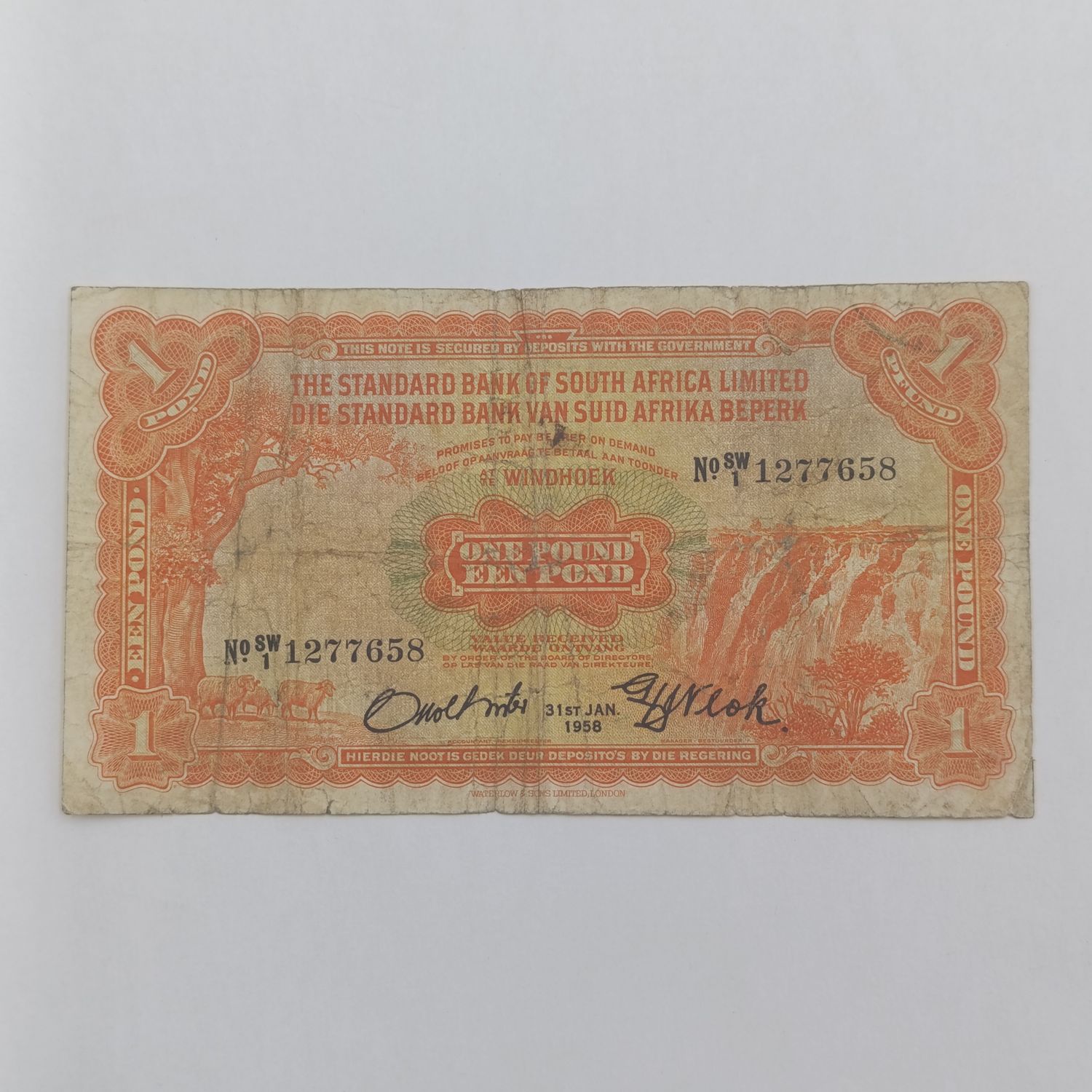South West Africa Standard Bank one Pound banknote - 31 Jan 1958