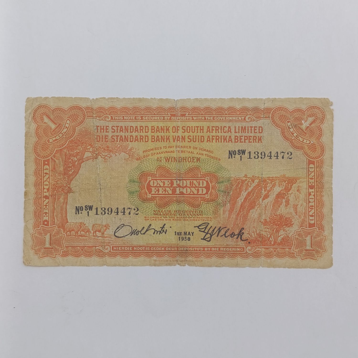 South West Africa Standard Bank one Pound banknote - 1 May 1958