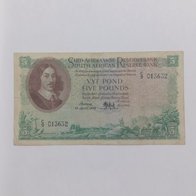 South Africa M H de Kock second issue 5 pound banknote - 1949 VF A/E