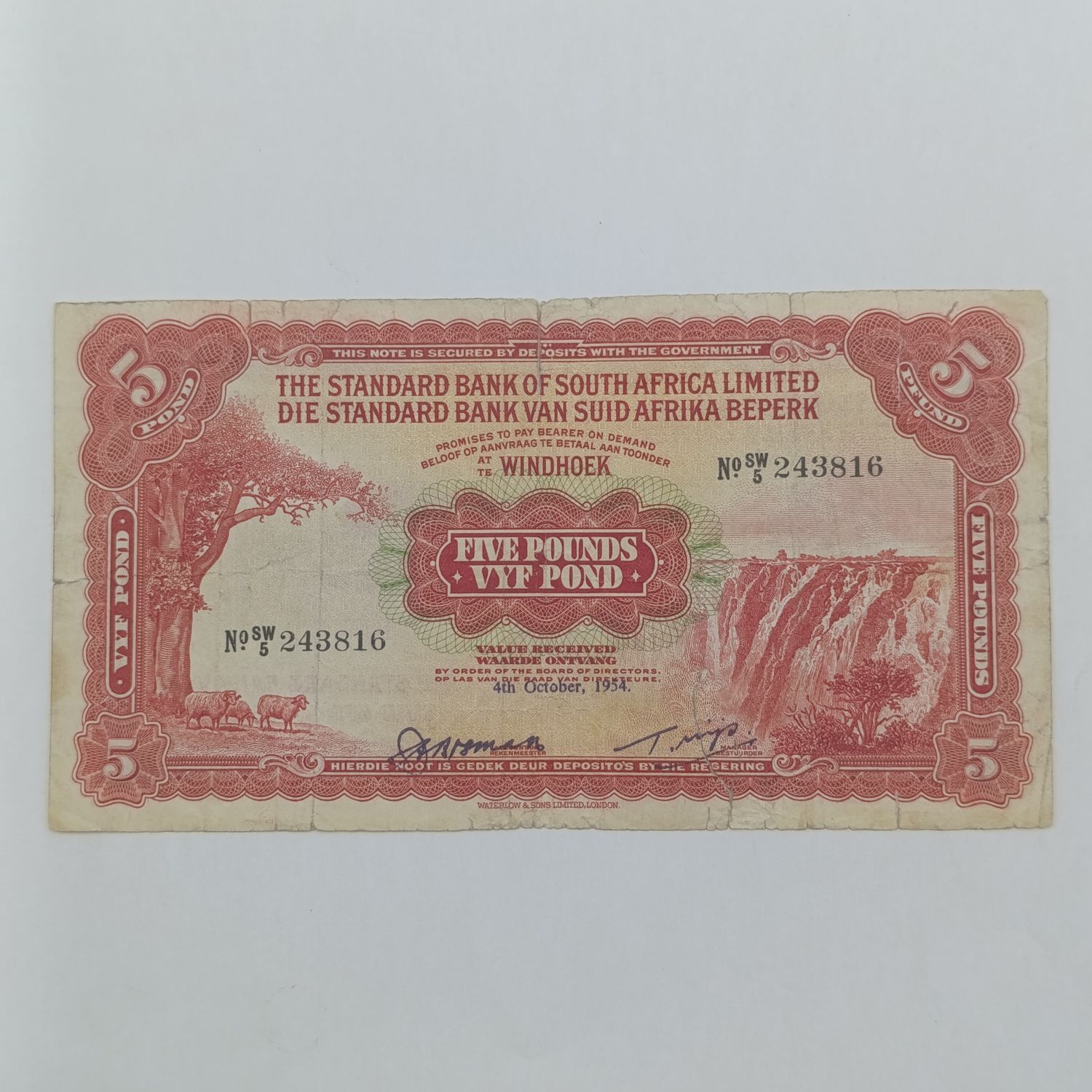 South West Africa Standard bank 5 Pound - 3 rim tears - 4 Oct 1954
