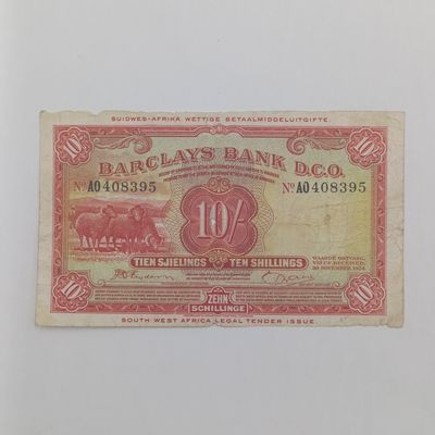 South West Africa Barclays 10 Shillings banknote - center hole and some damage