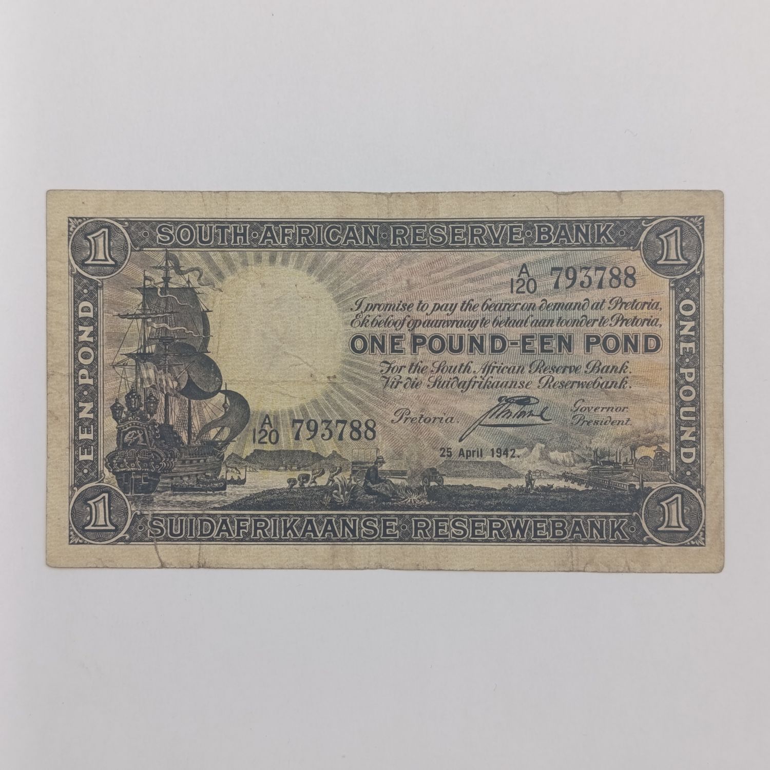 South Africa J Postmus 1942 One Pound banknote - some damage