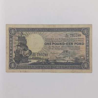 South Africa J Postmus 1942 One Pound banknote - some damage