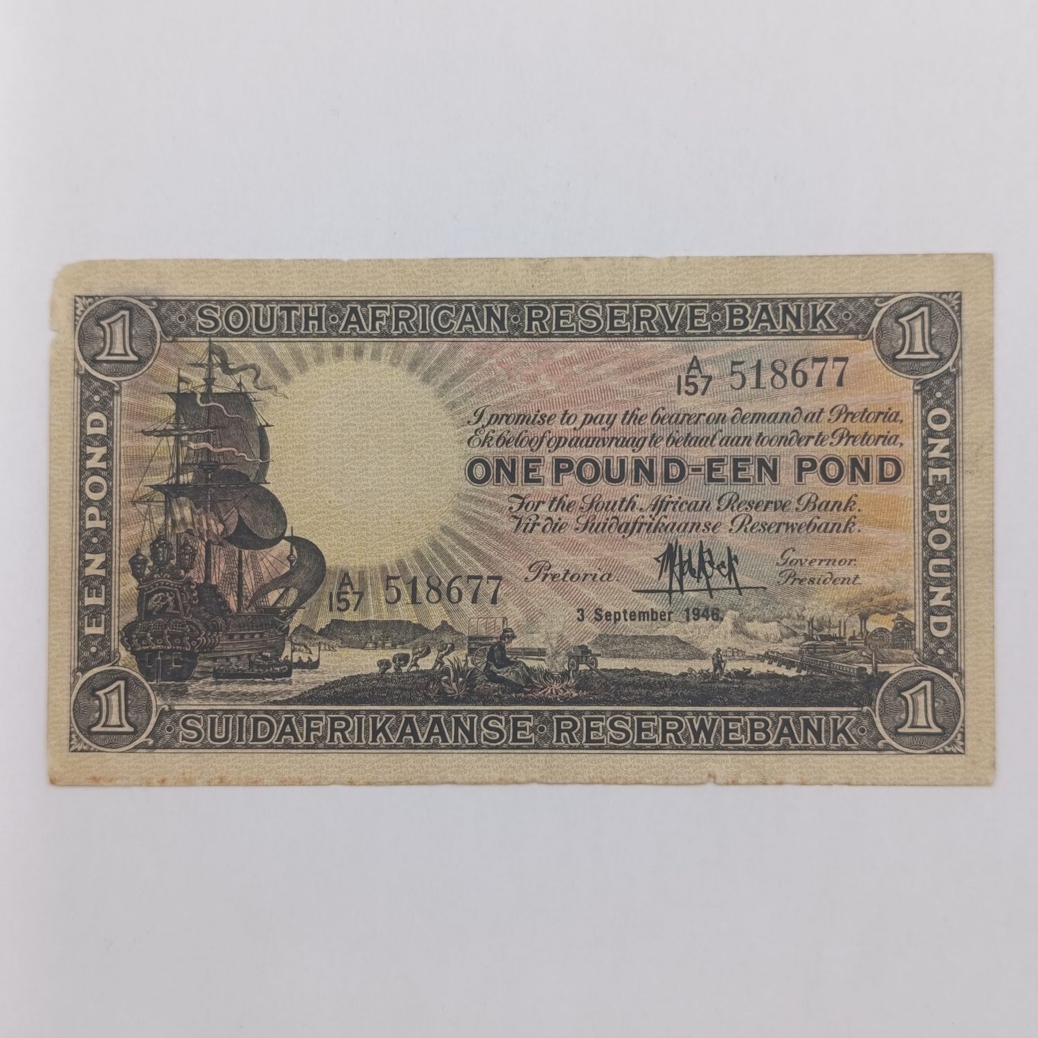 South Africa M H de Kock 1st series 3 September 1946 banknote - one rounded corner