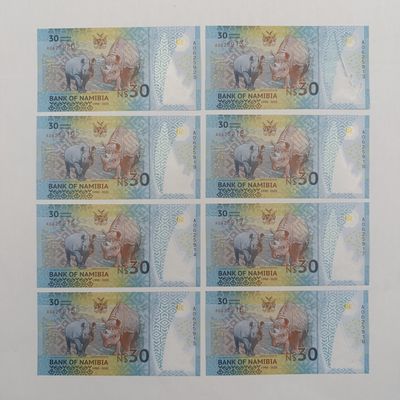 Lot of 8 Namibia NAM$30 uncirculated banknotes with consecutive numbers