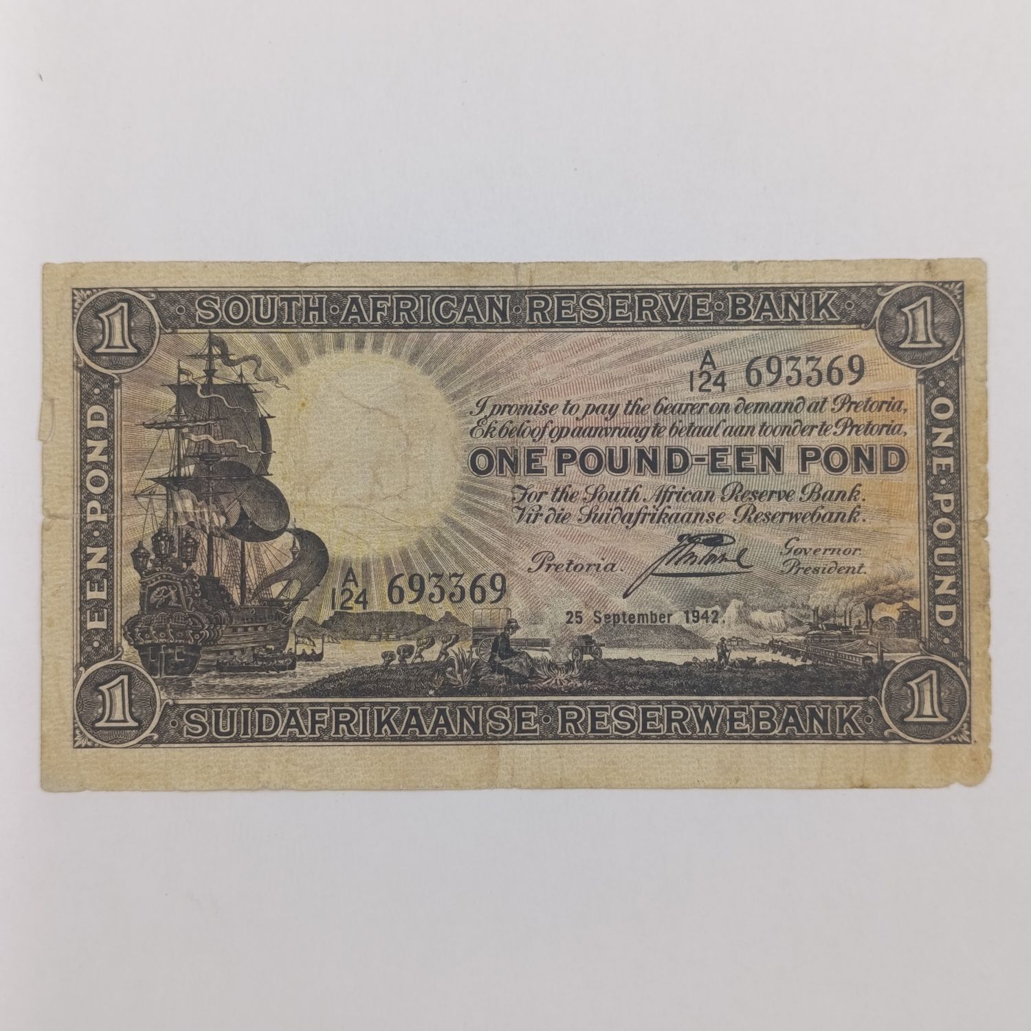 South Africa J Postmus 1942 One pound banknote - rim and corner damage