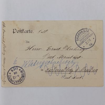 1904 Postcard sent Okahandja to Kleinzschachwitz, germany with picture of Governeurpalast, Windhoek - Just over a month by colonial steamer ship