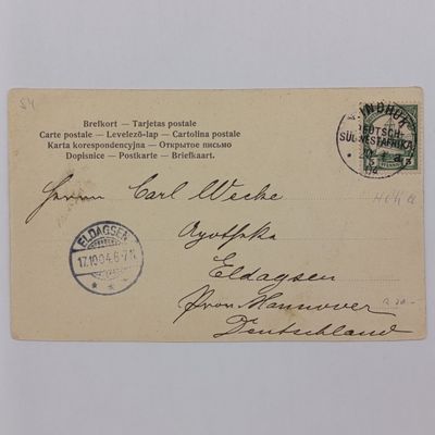1904 German South West Africa postcard to Johan Carl Weche in Eldagsen, Germany from Windhoek. 5 Pfennig Kaiser Yacht Stamp - picture of cattle on Voigtland farm at Windhoek