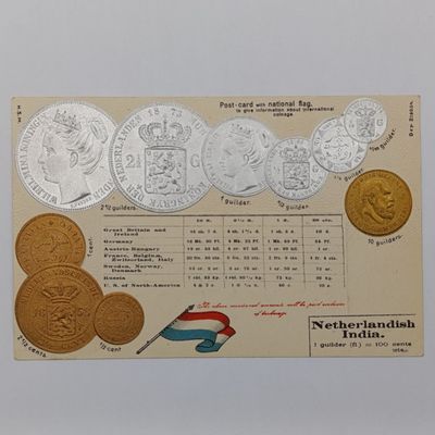 Antique Postcard with Netherlands and India flag and coinage - Embossed and unused