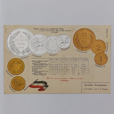 Antique Postcard with German New Guinea flag and coinage - Embossed and unused