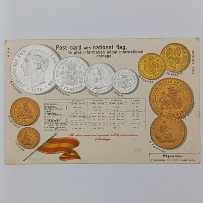 Antique Postcard with Spanish flag and coinage - Embossed and unused